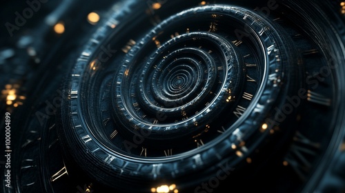 Mesmerizing spiral of time: intricate clock face swirls into infinity, blending Roman numerals with glowing particles, evoking mystery of temporal dimensions.