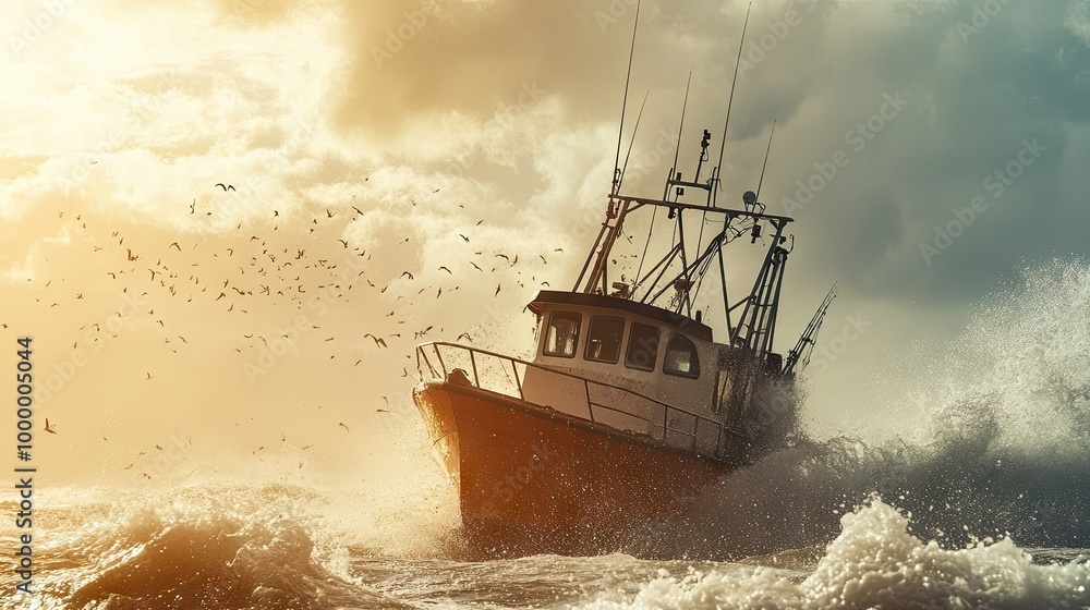 Obraz premium A fishing boat in action with waves splashing around it, leaving room in the sky above and around for text.