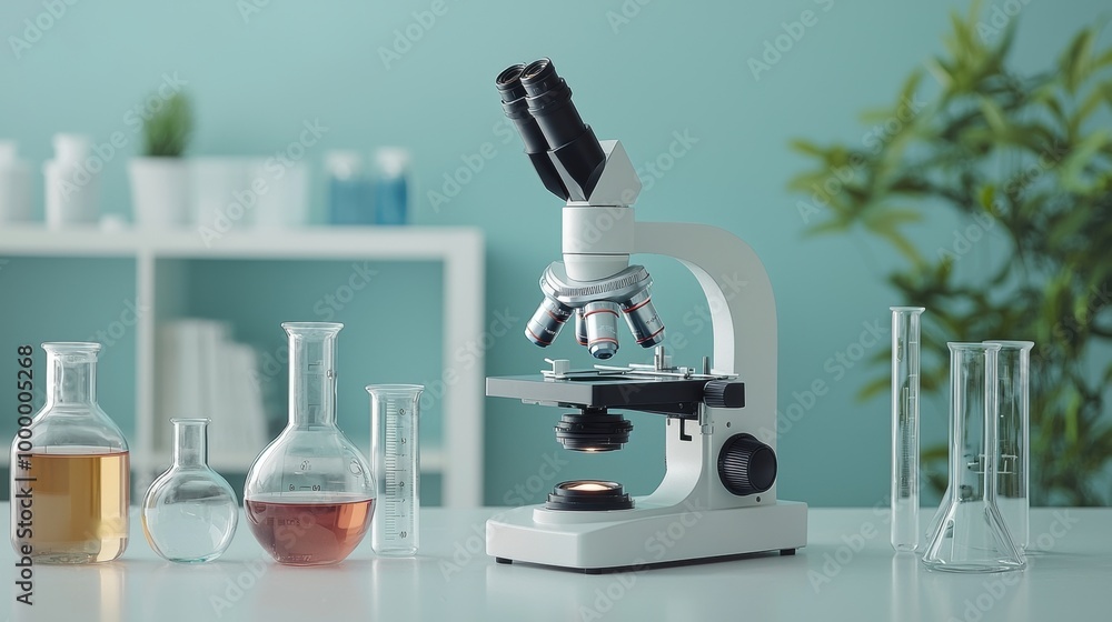 Closeup of microscope and laboratory equipment for scientific research and experiments Closeup of microscope and laboratory equipment for scientific research and experiments