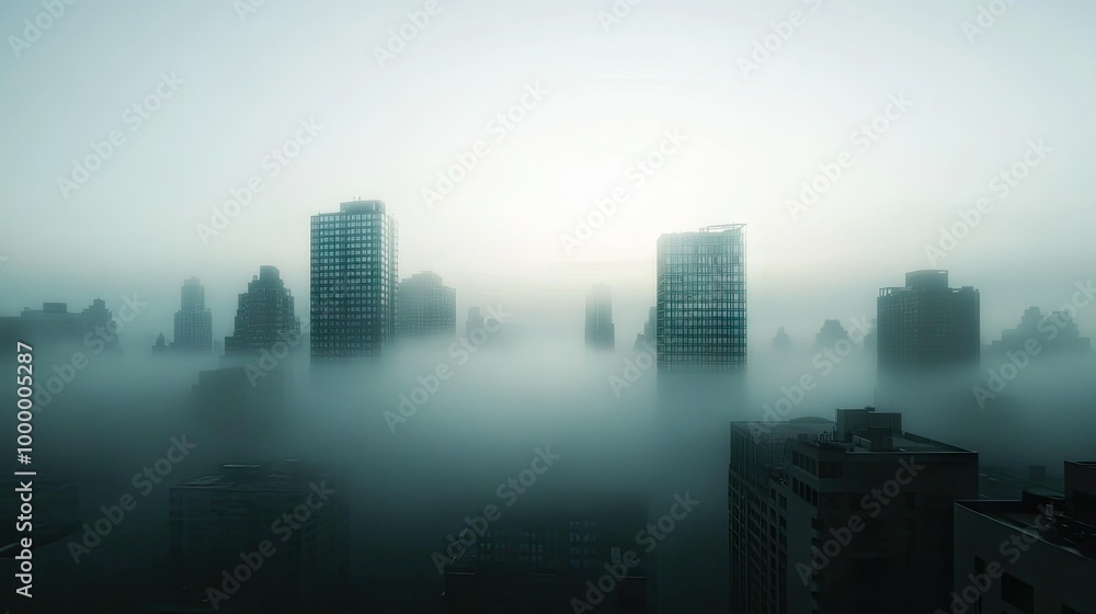 A foggy morning view of a cityscape with buildings partially obscured, featuring ample open space in the sky for text. A foggy morning view of a cityscape with buildings partially obscured, featuring ample open space in the sky for text.