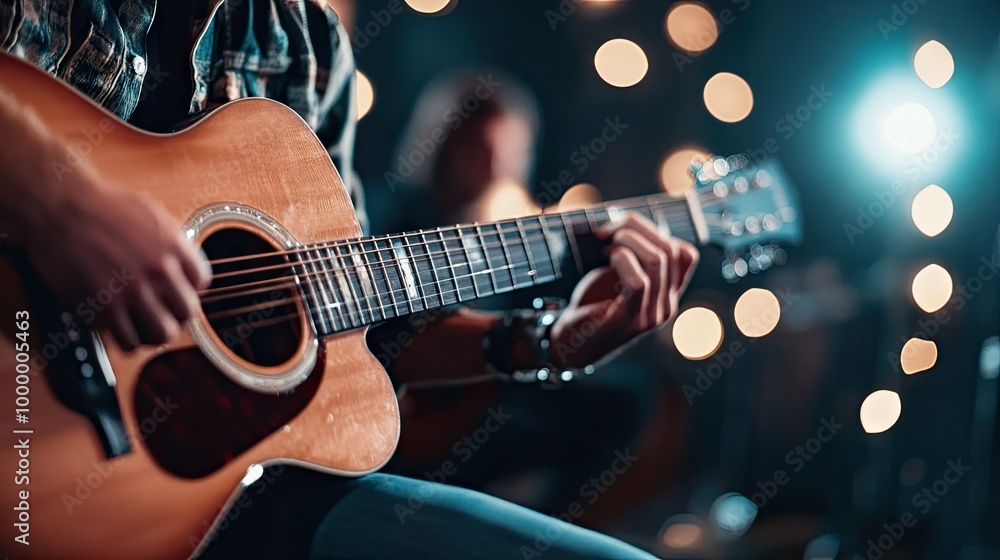 Obraz premium A guitarist performing with a band in a studio, with a clean background and space around for text or copy.