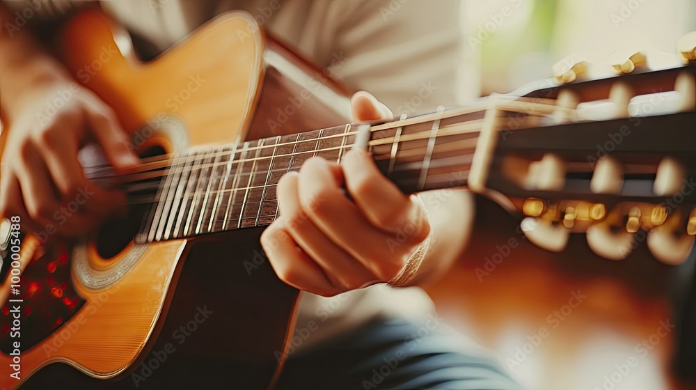 Obraz premium A guitarist tuning their instrument with a focused expression, surrounded by a clean, unobtrusive background for text placement.
