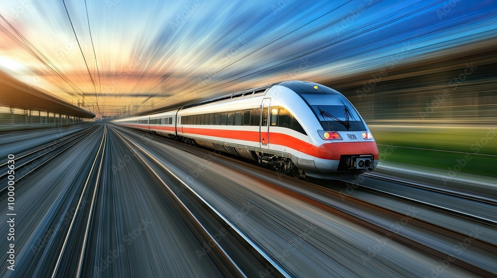 A high-speed train zooming through a landscape with an open sky for adding copy. -- A high-speed train zooming through a landscape with an open sky for adding copy. --