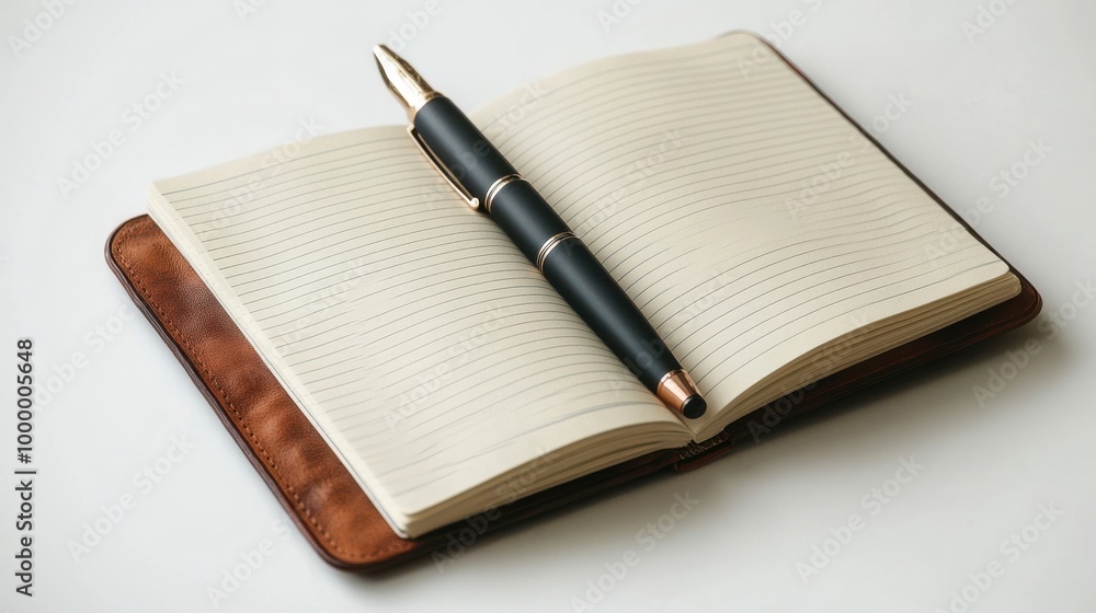 A blank lined notebook with a gold-trimmed black pen laying open on a white background. The pen is at the edge of the notebook with the nib pointing to the right. A blank lined notebook with a gold-trimmed black pen laying open on a white background. The pen is at the edge of the notebook with the nib pointing to the right.