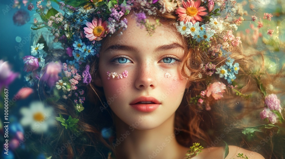 Ethereal portrait of a young woman adorned with a vibrant floral crown, her face illuminated by soft light amidst a dreamy, colorful backdrop of blooms and bokeh. Ethereal portrait of a young woman adorned with a vibrant floral crown, her face illuminated by soft light amidst a dreamy, colorful backdrop of blooms and bokeh.