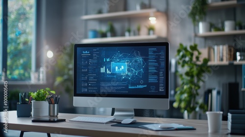 Futuristic Smart Technology Powered Office Workspace with Digital Data Visualization Dashboard on Desktop Computer Monitor