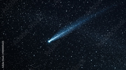 A comet captured with a telescope, showcasing its bright tail and coma, surrounded by a sea of stars in the night sky photo