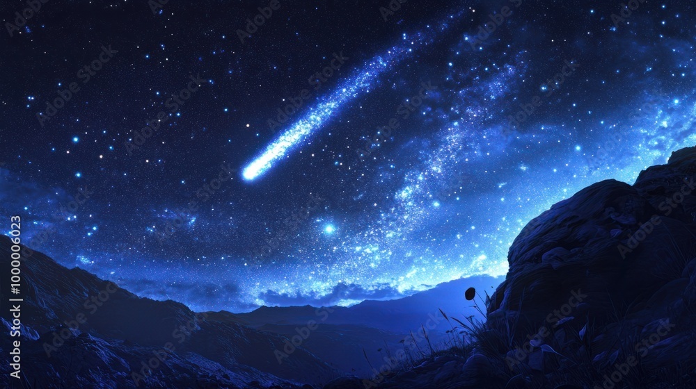 Fototapeta premium The moment of a comet's closest approach to Earth, illuminating the night sky with its bright tail and celestial beauty
