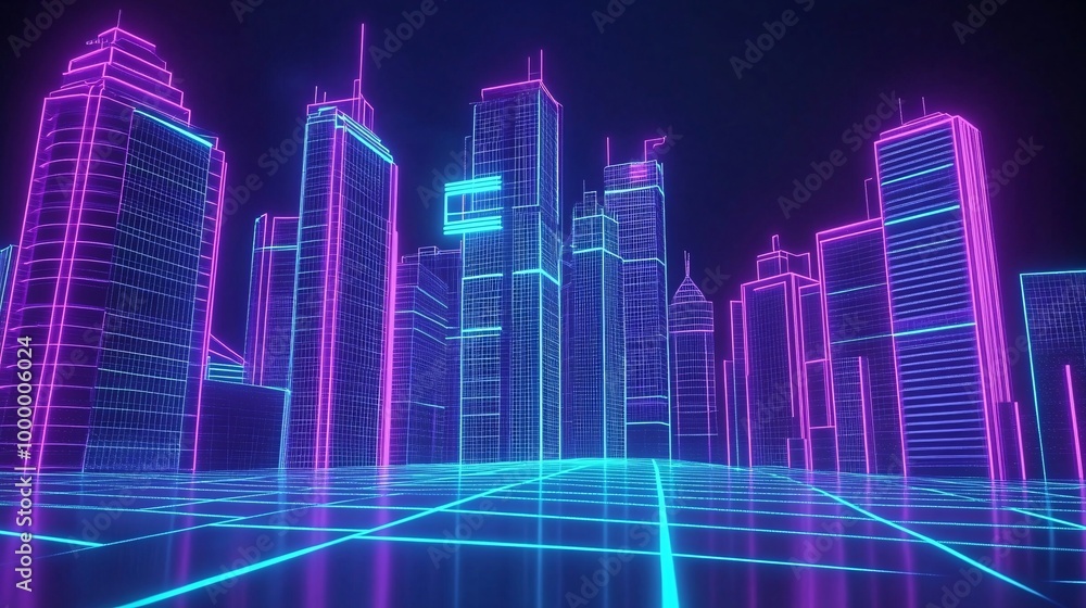 A futuristic cityscape with glowing neon outlines of buildings on a gridded floor. Generative Ai A futuristic cityscape with glowing neon outlines of buildings on a gridded floor. Generative Ai