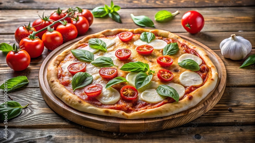 Image of Fisheye Pizza with mozzarella cheese and tomatoes on a wooden board Image of Fisheye Pizza with mozzarella cheese and tomatoes on a wooden board