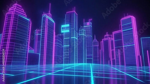 A futuristic cityscape with glowing neon outlines of buildings on a gridded floor. Generative Ai