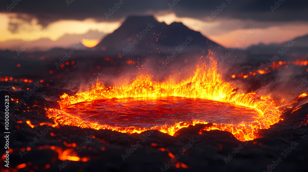 An edge of a volcanic crater with molten lava and fire, symbolizing the risk and reward of mining or treasure hunting. Volcanic Crater. Illustration An edge of a volcanic crater with molten lava and fire, symbolizing the risk and reward of mining or treasure hunting. Volcanic Crater. Illustration