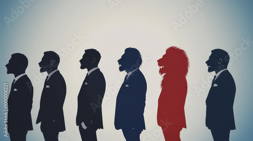 Silhouettes of men in suits with one man as a lion.