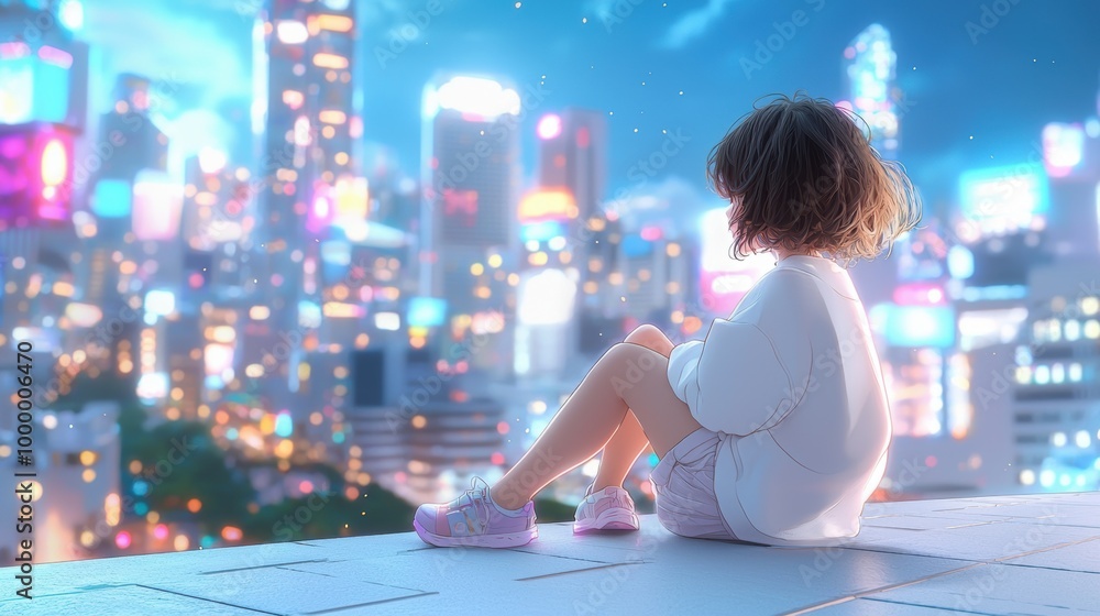 Φωτογραφία 1980 anime, illustration city pop anime young woman sitting on a rooftop at night, neon city lights glowing in the background, bold black outlines and simple, solid colors