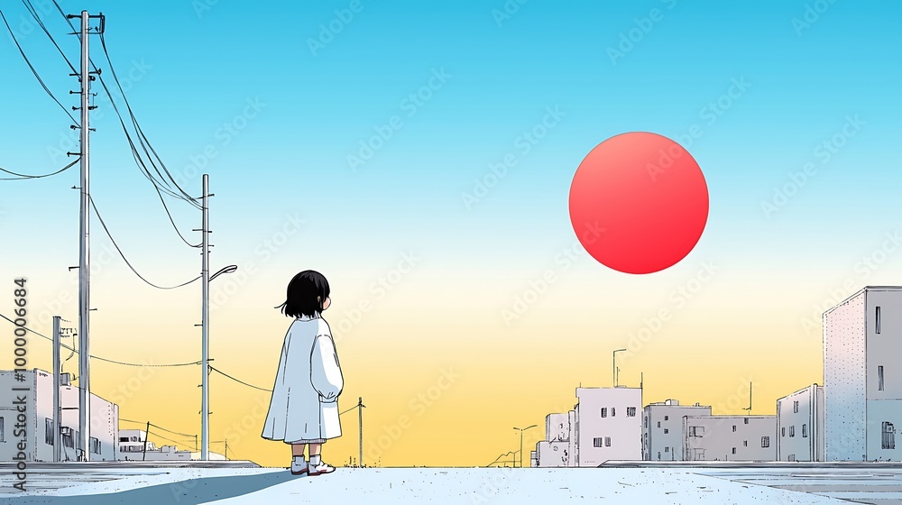 1980 anime, illustration city pop anime young woman standing on a street corner under a flickering streetlight, bold black outlines and simple, solid colors. Design similar to pop art with clean, 1980 anime, illustration city pop anime young woman standing on a street corner under a flickering streetlight, bold black outlines and simple, solid colors. Design similar to pop art with clean,