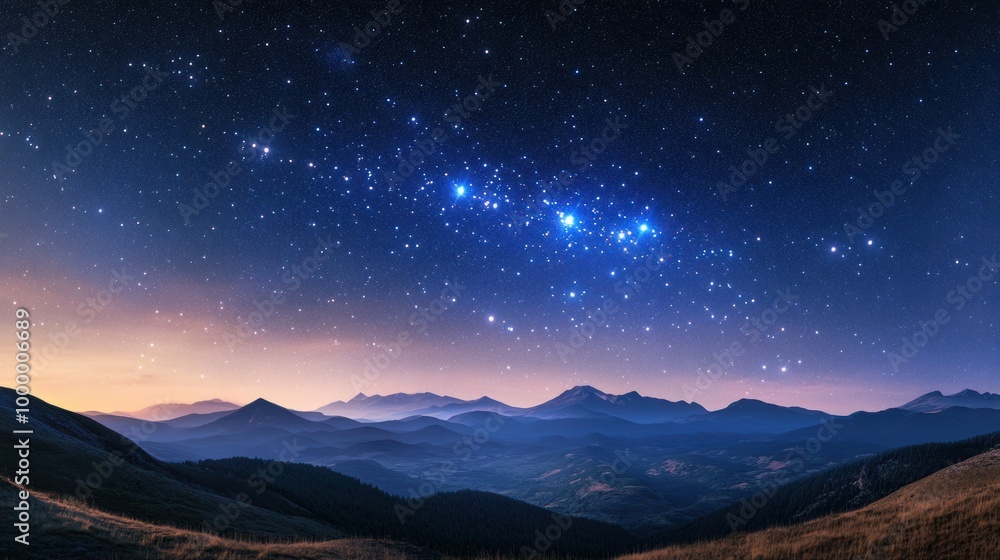 A panoramic view of the Hercules constellation shining brightly above a serene mountain range under a starry sky A panoramic view of the Hercules constellation shining brightly above a serene mountain range under a starry sky