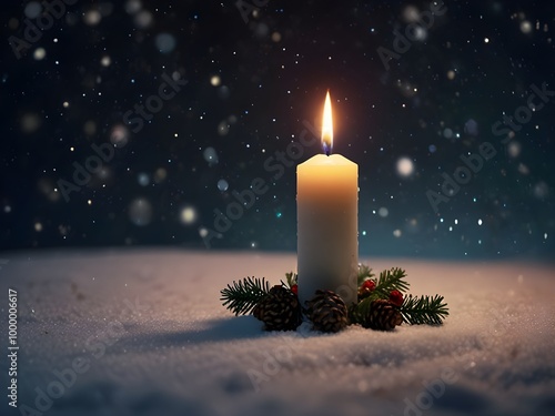 Advent candle on a blank spacefilled snowy background for Christmas Eve Generative AI photo