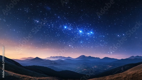 A panoramic view of the Hercules constellation shining brightly above a serene mountain range under a starry sky