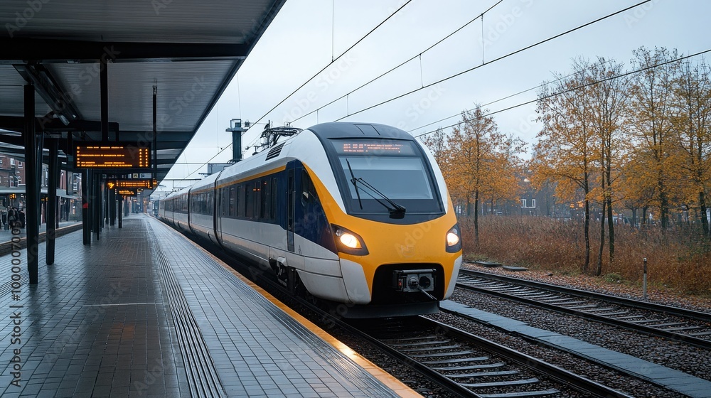 A modern train arriving at a station with clean, open space around for text. A modern train arriving at a station with clean, open space around for text.