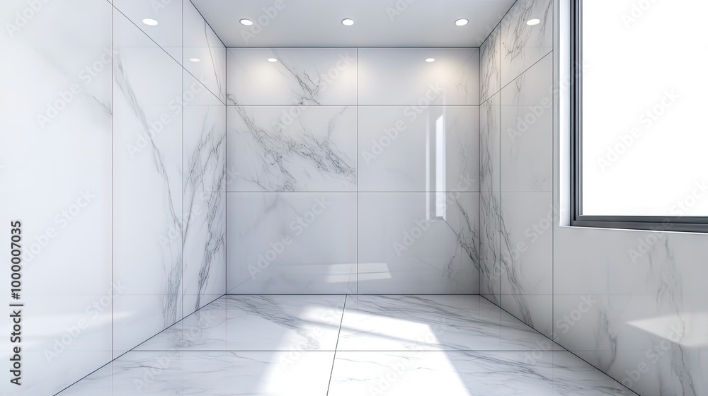 A modern walk-in shower with marble tiles, with clear space for text on the walls. A modern walk-in shower with marble tiles, with clear space for text on the walls.