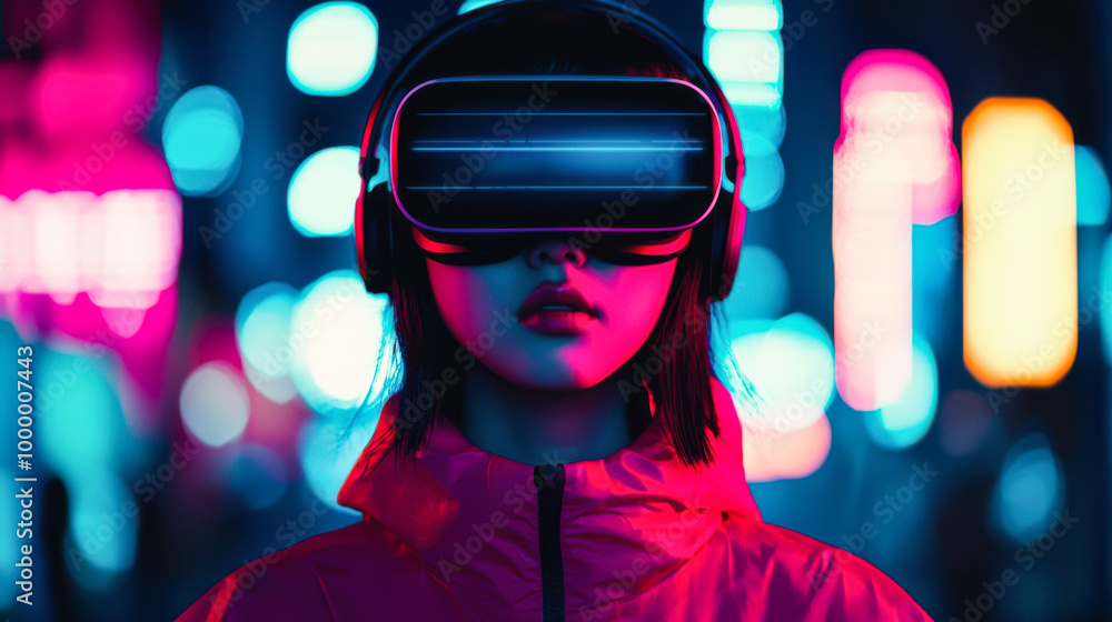 Woman in VR headset in a neon city. Woman in VR headset in a neon city.