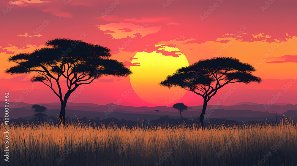 Fototapeta premium Beautiful african sunset scenery - ai generated. Savannah Sunrise. Illustration