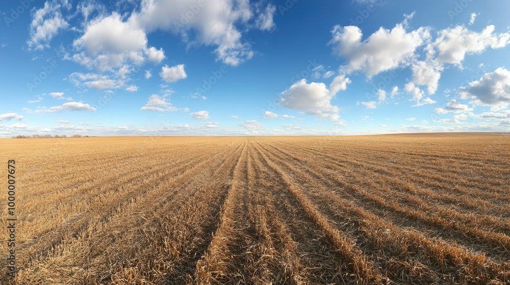 A panoramic view of a harvested grain field with stubble and a wide-open sky for adding text or copy. A panoramic view of a harvested grain field with stubble and a wide-open sky for adding text or copy.