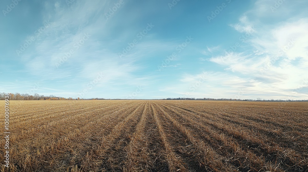 A panoramic view of a harvested grain field with stubble and a wide-open sky for adding text or copy. A panoramic view of a harvested grain field with stubble and a wide-open sky for adding text or copy.