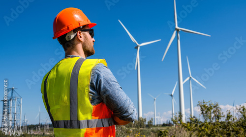 Worker in hardhat looking at wind turbines. photo