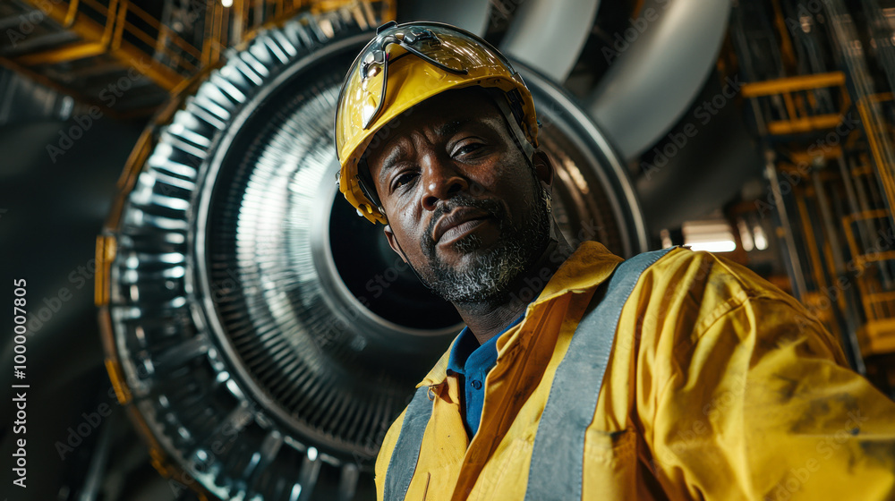 Worker in hard hat stands in front of large machinery. Worker in hard hat stands in front of large machinery.