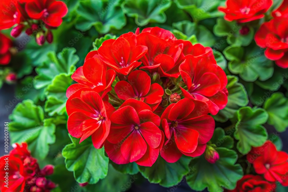 Impressionistic floral art of red geraniums from a bird's eye view Impressionistic floral art of red geraniums from a bird's eye view