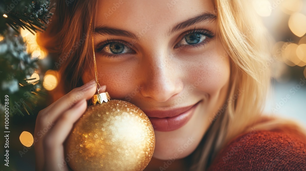 Naklejka premium Woman delicately holding a Christmas ornament with a smile.