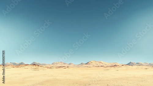 A panoramic view of an open desert landscape with sand dunes and a clear sky  providing space for copy.