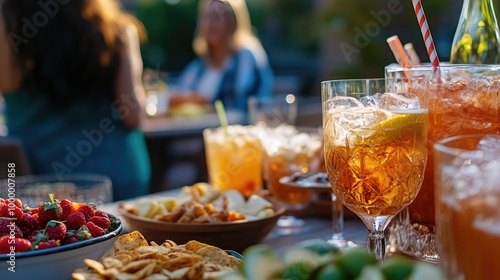 A party scene with a variety of drinks and snacks on a table, with open space for copy on the backdrop.