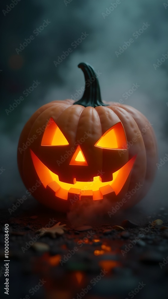 Naklejka premium Close-Up of Jack o' Lantern in Misty Smoke