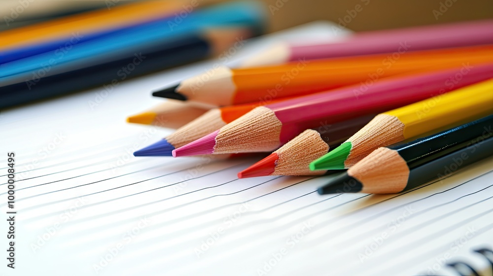 A pile of colored pencils with a few scattered on a blank notebook, leaving room around the edges for copy. A pile of colored pencils with a few scattered on a blank notebook, leaving room around the edges for copy.