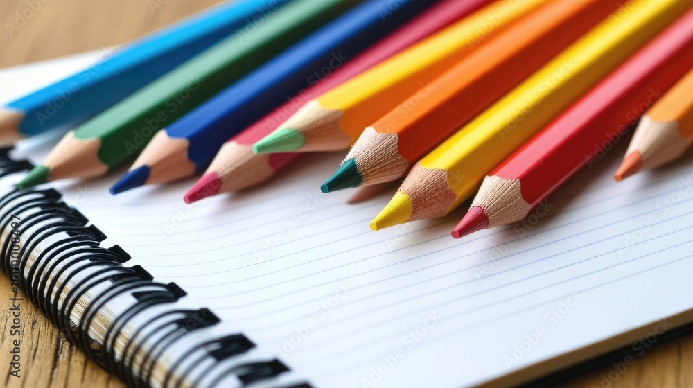 A pile of colored pencils with a few scattered on a blank notebook, leaving room around the edges for copy. A pile of colored pencils with a few scattered on a blank notebook, leaving room around the edges for copy.