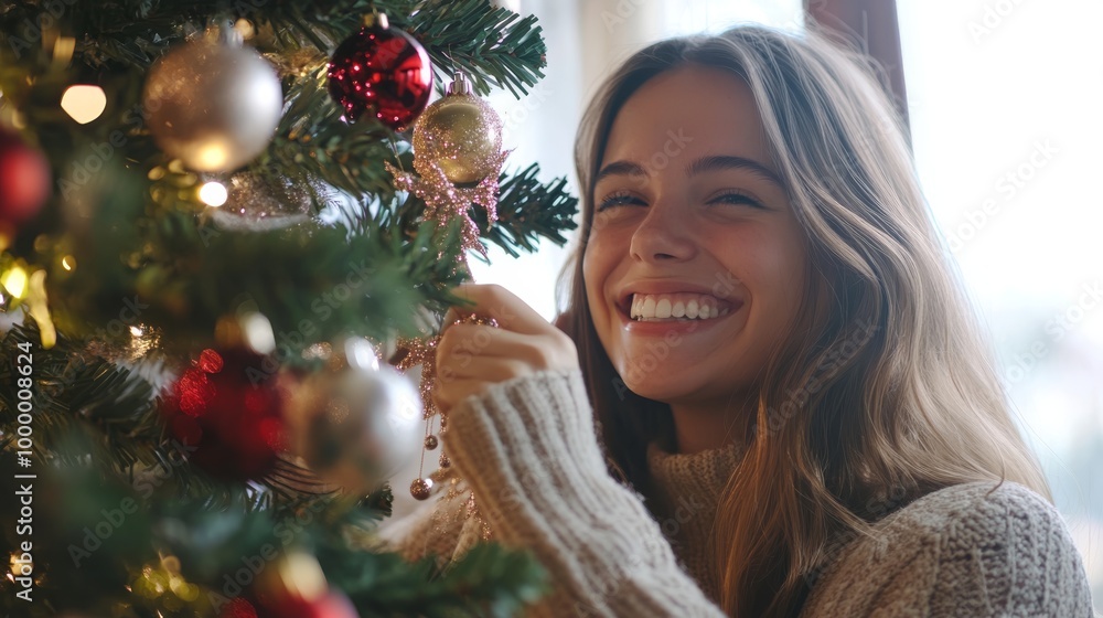 A woman is smiling and holding a red and white ornament on a Christmas tree A woman is smiling and holding a red and white ornament on a Christmas tree