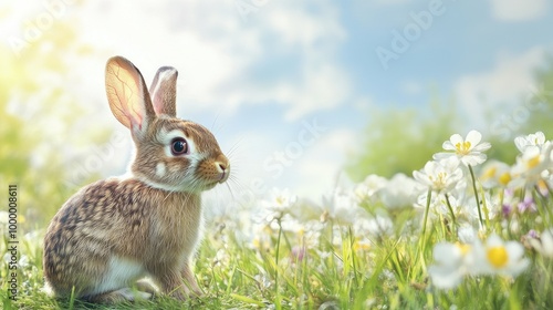 A playful rabbit exploring a grassy field with a clear, open background for adding text or copy.