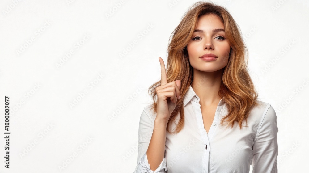 Confident woman pointing with one finger on white background Confident woman pointing with one finger on white background