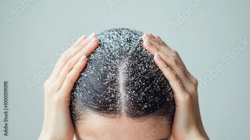 Psoriasis on the scalp with silver flaky patches of skin showing how the condition affects hair growth photo