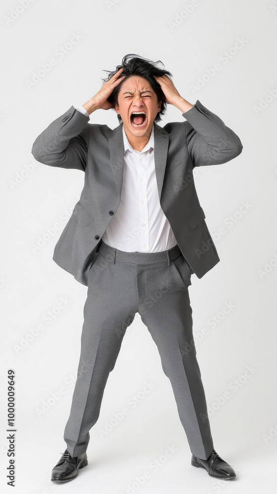 angry Indian businessman wearing a grey suit. holding her head with both hands and screaming. angry Indian businessman wearing a grey suit. holding her head with both hands and screaming.