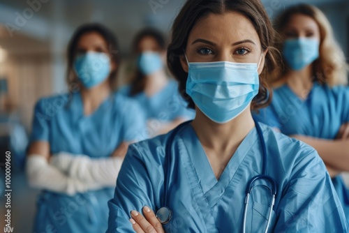 Close-up of Modern Medical Team in Blue Scrubs with Arms Crossed, Hospital Setting, Space for Text