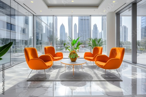 Modern Minimalist Office Interior with White Walls, Orange Armchairs, and Round Coffee Table photo