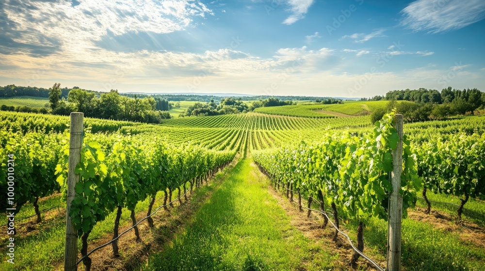 A scenic view of a vineyard during harvest season with grapevines stretching into the distance and space in the sky for text. A scenic view of a vineyard during harvest season with grapevines stretching into the distance and space in the sky for text.