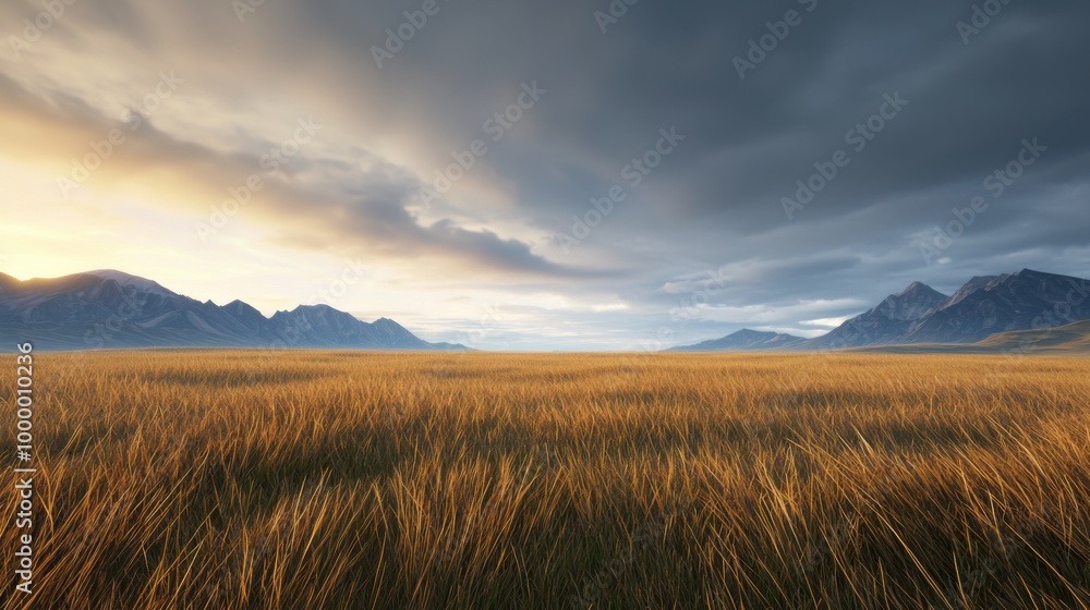 A stormy sky over a windswept grassland with a distant mountain range setting the scene for a daring adventure A stormy sky over a windswept grassland with a distant mountain range setting the scene for a daring adventure