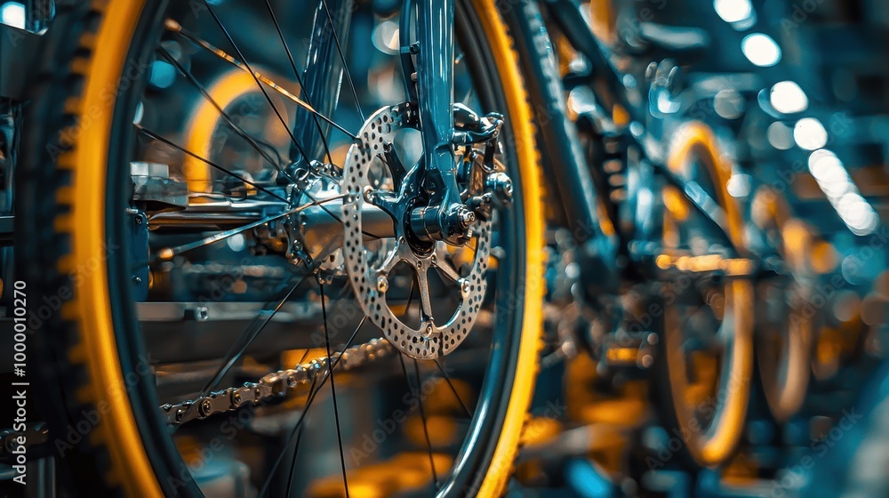Close-up of bicycle wheels in a workshop, showcasing intricate details and vibrant colors against a blurred background. Close-up of bicycle wheels in a workshop, showcasing intricate details and vibrant colors against a blurred background.