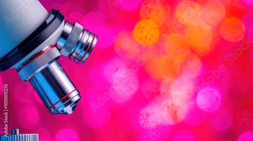 Close-up of a microscope eyepiece against a colorful bokeh background, illustrating scientific research and exploration. photo