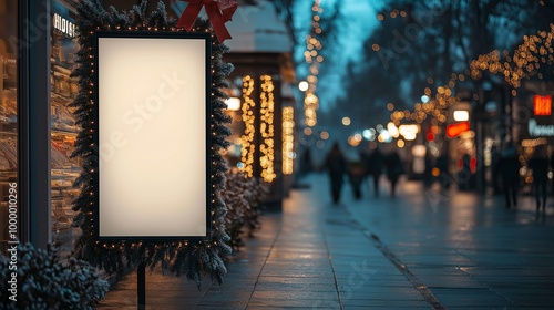 Blank billboard mockup on the street with christmas decorations on the street