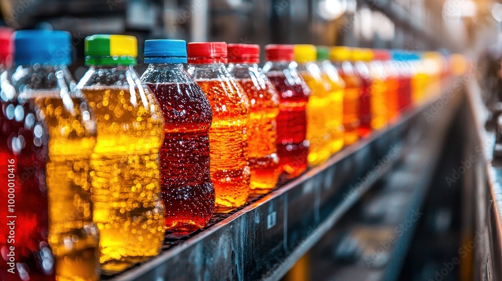 Colorful bottles of soft drinks lined up on a production line, creating a vibrant and eye-catching display. Colorful bottles of soft drinks lined up on a production line, creating a vibrant and eye-catching display.